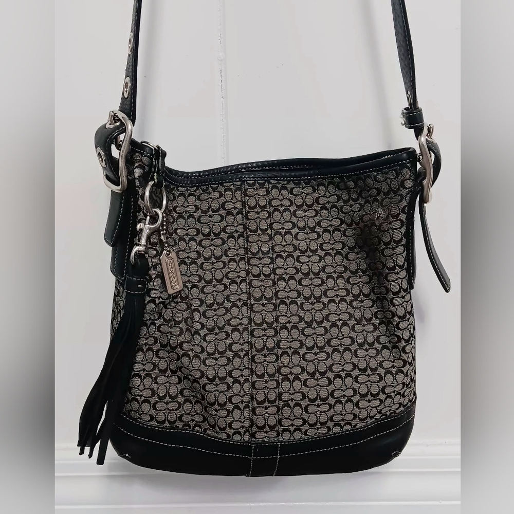 Coach EUC Signature Shoulder Bag With Silver Hang Tag And Leather tassel